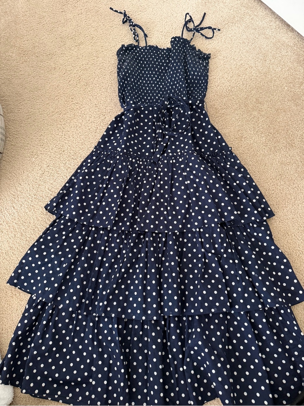 Tory Burch Navy Blue and White Polka Dot Tiered Sundress